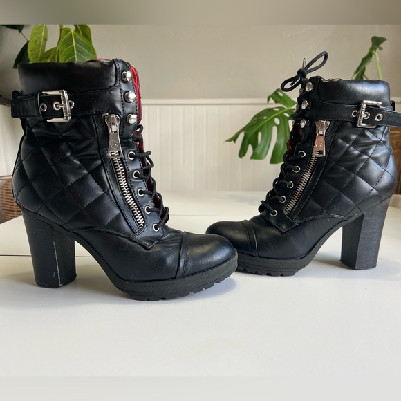 Black Guess ‘Grazie’ High Heel Combat Boots, Size 9 - Picture 1 of 7